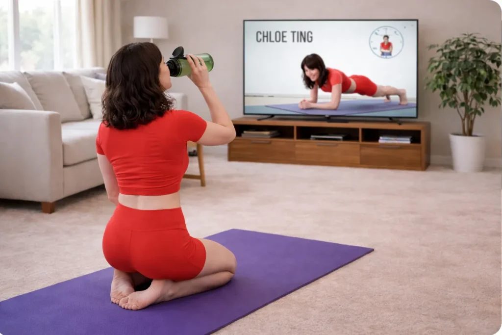 Aveline Marlowe takes a water break with Chloe Ting Workout