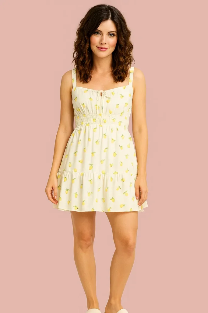 aveline marlowe ai crossdresser and female lifestyle blogger wearing a white and yellow summer dress