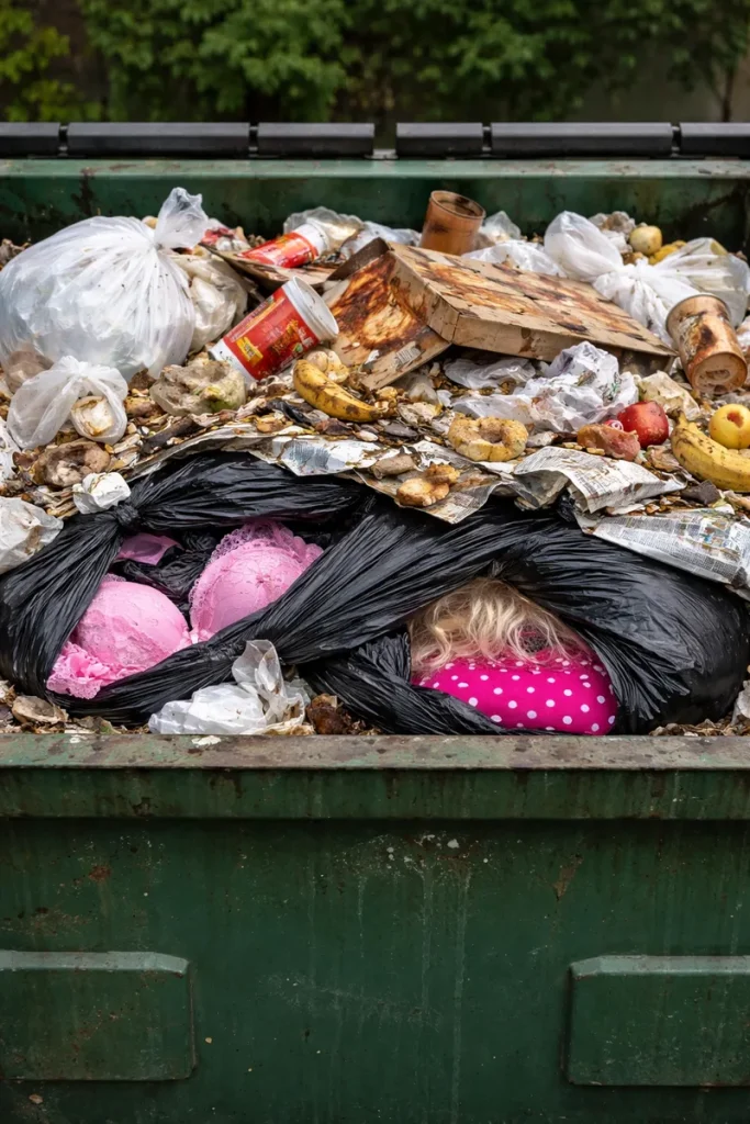 crossdressing clothes in a bin covered by rubbish