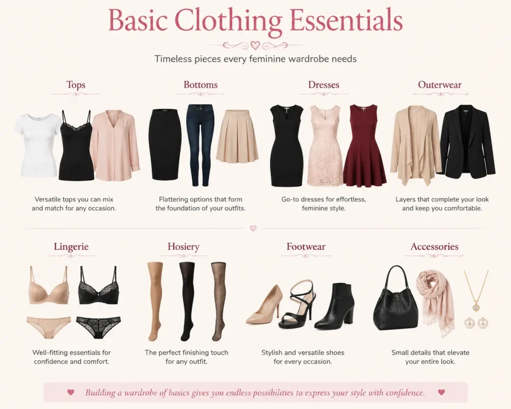 Basic Clothing Essentials infographic showing key feminine wardrobe items including tops, skirts, jeans, dresses, outerwear, lingerie, hosiery, shoes, handbags, scarves, and jewellery for building a versatile crossdressing wardrobe