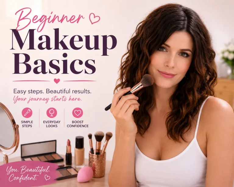 Beginner makeup basics tutorial graphic featuring a smiling brunette woman with curly hair wearing a white strappy top and holding a makeup brush. The image includes makeup products, brushes, and bold text reading 'Beginner Makeup Basics' with tips for simple steps, everyday looks, and boosting confidence.