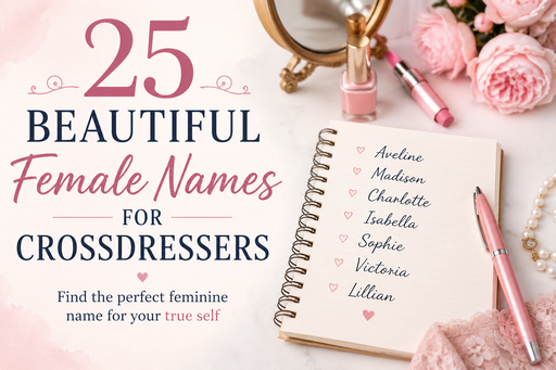 Featured blog image for 25 Beautiful Female Names for Crossdressers showing a pink feminine desk layout with makeup, flowers, and a notebook listing feminine names including Aveline, Madison, Charlotte, Isabella, Sophie, Victoria, and Lillian