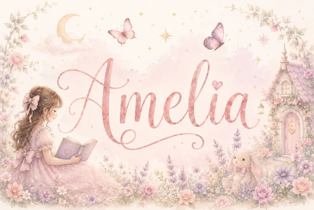 Whimsical pastel illustration featuring the name Amelia in elegant script, surrounded by soft flowers, butterflies, a young girl reading a book, a bunny, and a charming fairytale cottage.