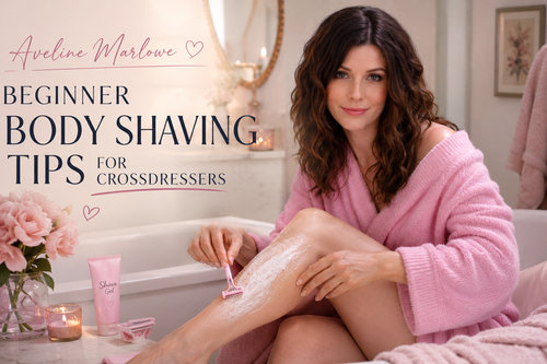 A woman in a pink robe shaving her leg in a softly lit bathroom with beauty products and flowers on the counter.