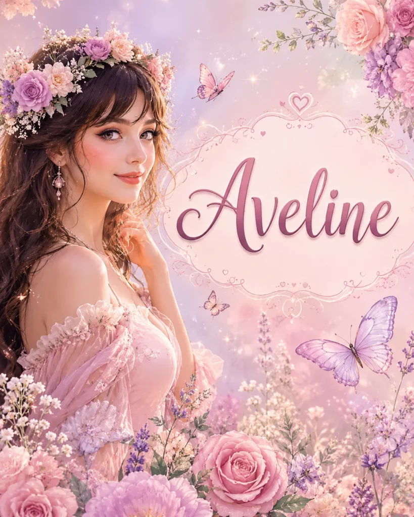 A soft, whimsical pastel illustration featuring a feminine portrait surrounded by flowers, butterflies, and sparkles, with the name “Aveline” displayed prominently in elegant decorative lettering on a floral frame background.