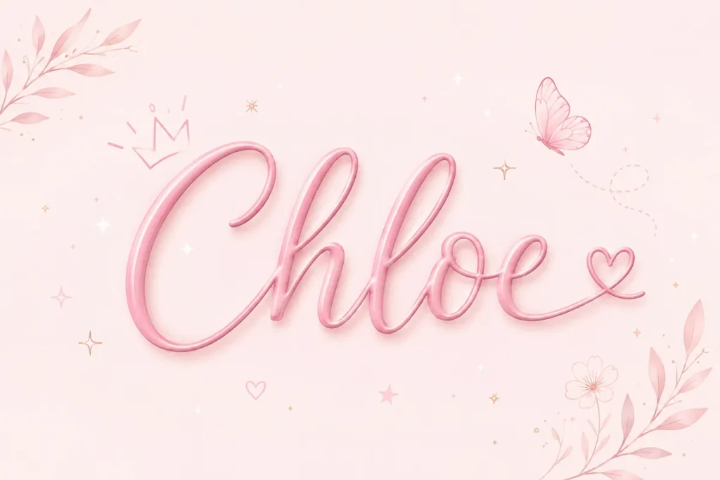 The name "Chloe" displayed in a feminine, whimsical design with delicate floral accents, soft pastel colors, and graceful decorative elements.