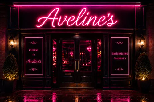 Front-facing view of a stylish black storefront at night with a bright pink neon sign reading 'Aveline's' above the entrance. Two illuminated display panels flank the doorway, with the right panel reading 'Crossdressing Community'. Warm lanterns, pink lighting, and reflections on the wet pavement create an inviting nightlife atmosphere.