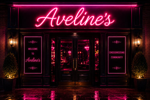 Front-facing view of a stylish black storefront at night with a bright pink neon sign reading 'Aveline's' above the entrance. Two illuminated display panels flank the doorway, with the right panel reading 'Crossdressing Community'. Warm lanterns, pink lighting, and reflections on the wet pavement create an inviting nightlife atmosphere.