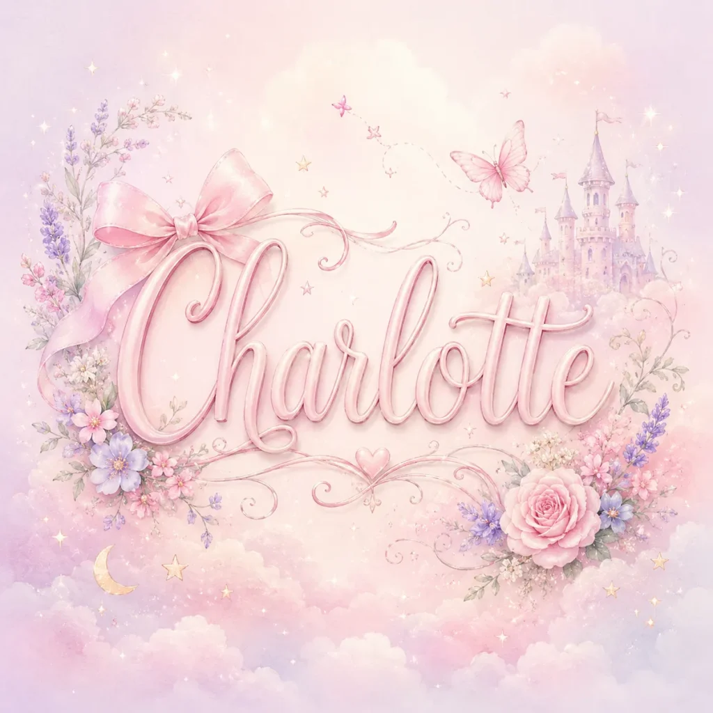“Pastel whimsical illustration featuring the name ‘Charlotte’ in elegant flowing script at the center, decorated with soft pink and lavender tones, delicate flowers, sparkles, butterflies, and a fairy-tale castle in the background, creating a dreamy and feminine aesthetic.”