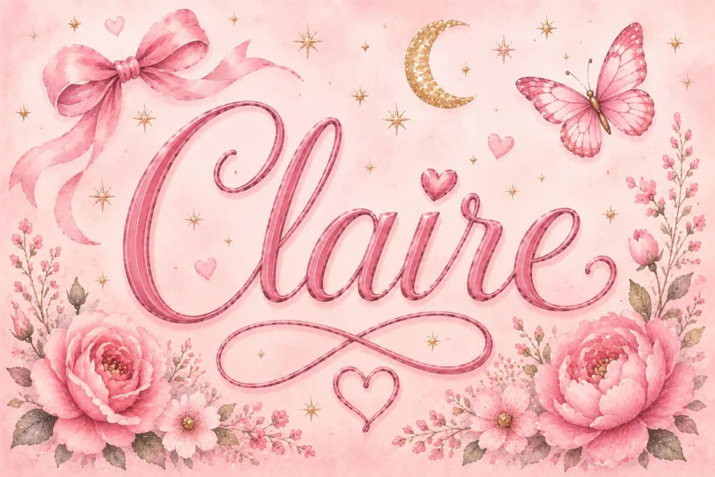The name ‘Claire’ is written in large, elegant pink cursive lettering across the center of a soft pastel pink background. Watercolor flowers frame the lower corners, while a pink ribbon bow, a butterfly, a crescent moon, sparkling stars, and small heart accents surround the name. The artwork has a whimsical, feminine fairy-tale style with blush tones, subtle gold details, and a dreamy romantic atmosphere.