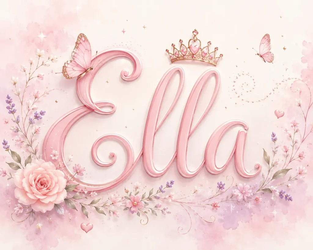 The name "Ella" displayed in large, elegant pink script with a jeweled crown above it, surrounded by soft pastel flowers, delicate butterflies, sparkles, and whimsical watercolor accents on a dreamy blush background.