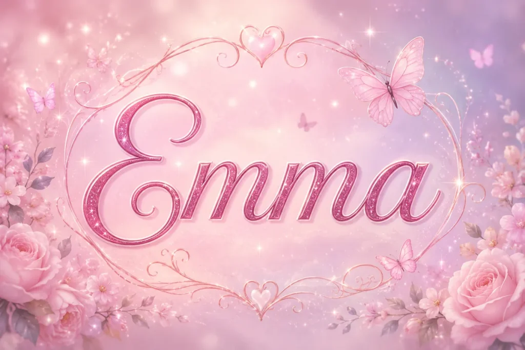 A dreamy pastel pink and lavender illustration featuring the name ‘Emma’ in sparkling cursive lettering, surrounded by whimsical floral decorations, butterflies, soft glowing light, and heart-shaped ornamental details, creating a feminine and magical aesthetic.