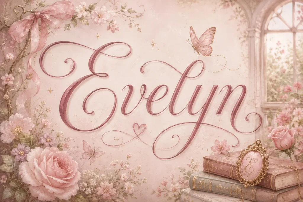 The name “Evelyn” is displayed in large, elegant cursive lettering at the center of a soft pink, whimsical illustration. The background features delicate blush roses, pastel flowers, fluttering butterflies, and sparkling accents. A sheer pink ribbon drapes across flowering vines in the upper left corner, while vintage books with gold detailing and a decorative monogram frame rest in the lower right. An arched garden window opens onto blooming flowers, creating a dreamy, romantic, fairy-tale aesthetic in shades of blush pink, cream, and gold.
