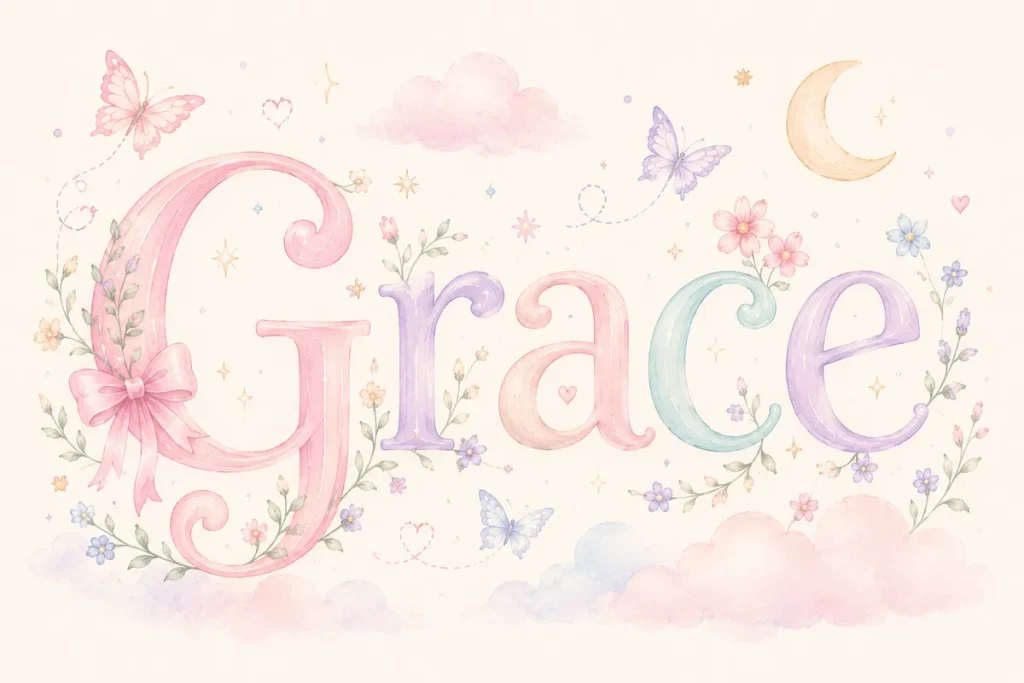 Whimsical pastel illustration of the name Grace in elegant decorative lettering, surrounded by butterflies, flowers, clouds, stars, and a crescent moon
