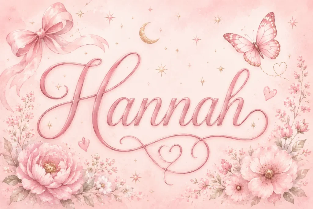 The name 'Hannah' is written in elegant pink cursive lettering across the center of a soft pastel pink background. Watercolor flowers bloom in the lower corners, while a large pink ribbon bow, a delicate butterfly, a crescent moon, sparkling stars, and heart accents surround the name. The artwork has a whimsical, feminine fairy-tale style with gentle blush tones, subtle gold details, and a dreamy, romantic atmosphere.
