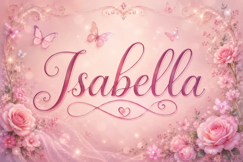 The feminine name Isabella displayed in elegant pink script with roses, butterflies, sparkles, and floral decorations on a whimsical pastel background, ideal for crossdressing and feminine identity inspiration.