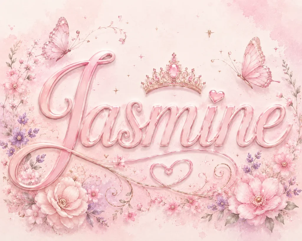 The name "Jasmine" displayed in elegant pastel pink script with a jeweled crown, surrounded by delicate butterflies, blooming flowers, sparkles, hearts, and whimsical flourishes on a soft blush watercolor background.