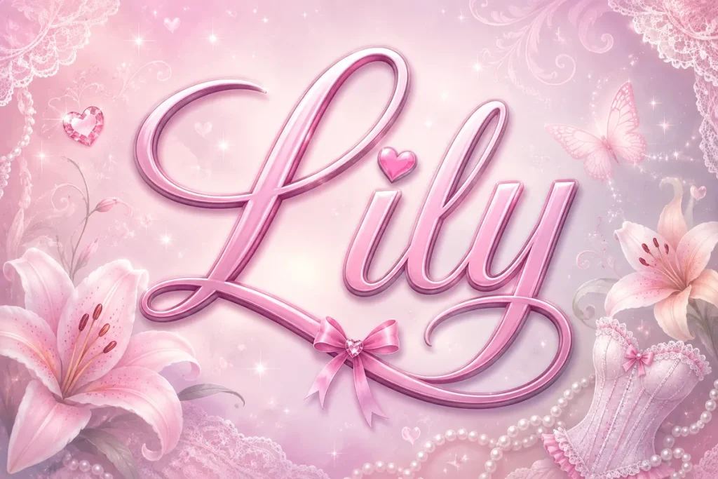 A whimsical feminine pastel graphic featuring the name “Lily” in large, elegant pink cursive lettering. The design is decorated with soft floral elements including lilies and lilies-like blossoms, delicate lace patterns, pearls, butterflies, and sparkles. A heart accent sits within the lettering, and a small decorative bow adorns the lower flourish. The overall style is dreamy, romantic, and magical with a soft glowing pink gradient background, evoking a fairy-tale aesthetic.