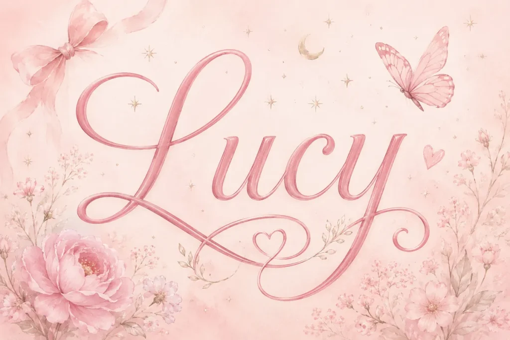 The name 'Lucy' is displayed in elegant pink cursive lettering at the center of a soft pastel pink background. Delicate watercolor flowers frame the bottom corners, while a pink butterfly, ribbon bow, crescent moon, tiny stars, and heart accents add a whimsical, feminine feel. The overall design has a dreamy, romantic fairy-tale aesthetic with gentle blush tones and subtle gold sparkles.