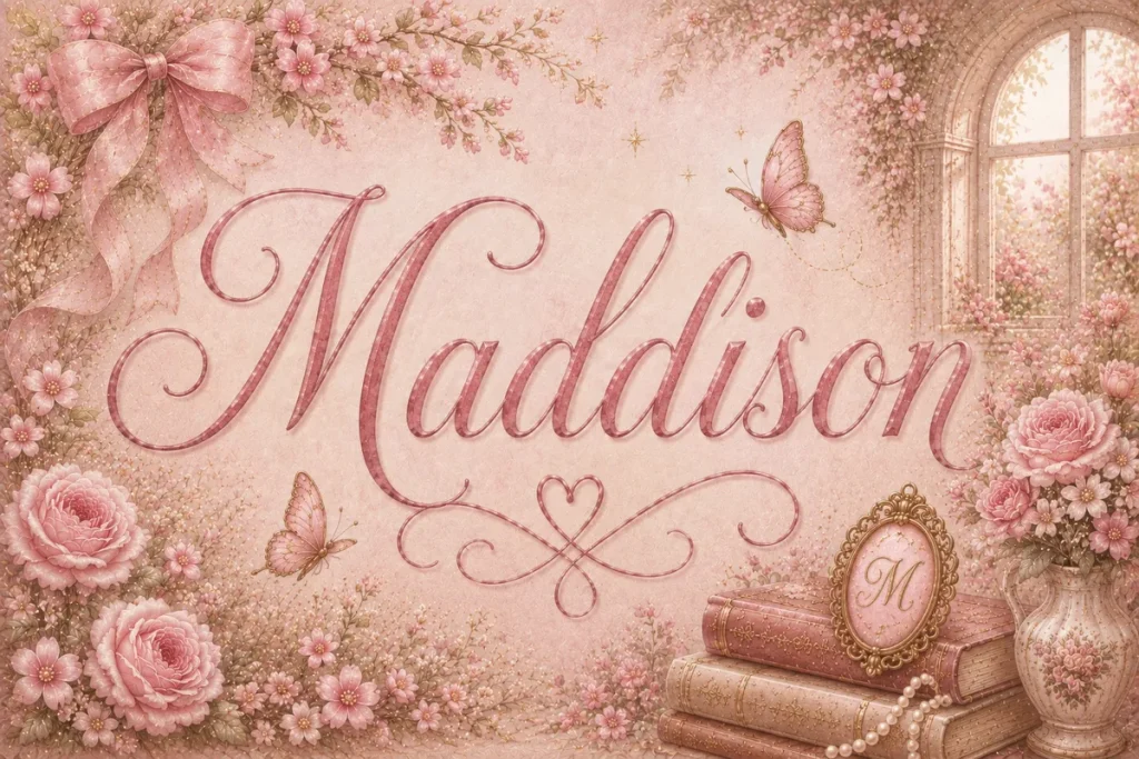 The name “Maddison” is displayed in large, elegant blush-pink calligraphy at the center of a romantic floral illustration. Delicate pink roses and blossoms frame the scene, while graceful butterflies with gold accents flutter among the flowers. A sheer pink ribbon weaves through flowering vines in the upper corner, adding a whimsical touch. On the right, an arched garden window opens to a blooming landscape filled with soft pink flowers and warm sunlight. At the bottom right, a stack of vintage books, a strand of pearls, an ornate gold-framed monogram featuring the letter “M,” and a decorative floral vase create a charming vintage aesthetic. The artwork is rendered in soft shades of pink, cream, and gold, evoking a dreamy, feminine fairytale atmosphere.