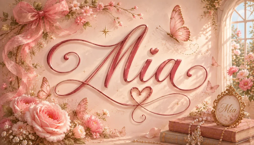 The name “Mia” appears in large, elegant pink calligraphy at the center of a romantic, vintage-inspired illustration. The scene is surrounded by soft pink roses, delicate blossoms, and fluttering butterflies accented with gold details. A sheer pink ribbon winds through flowering vines in the upper corner, while warm sunlight streams through an arched garden window filled with blooming flowers. At the bottom right, ornate antique books, pearls, and a decorative gold-framed plaque bearing the name “Mia” add a touch of luxury. The artwork features a dreamy palette of blush pink, cream, and gold, creating a whimsical, feminine fairytale atmosphere.