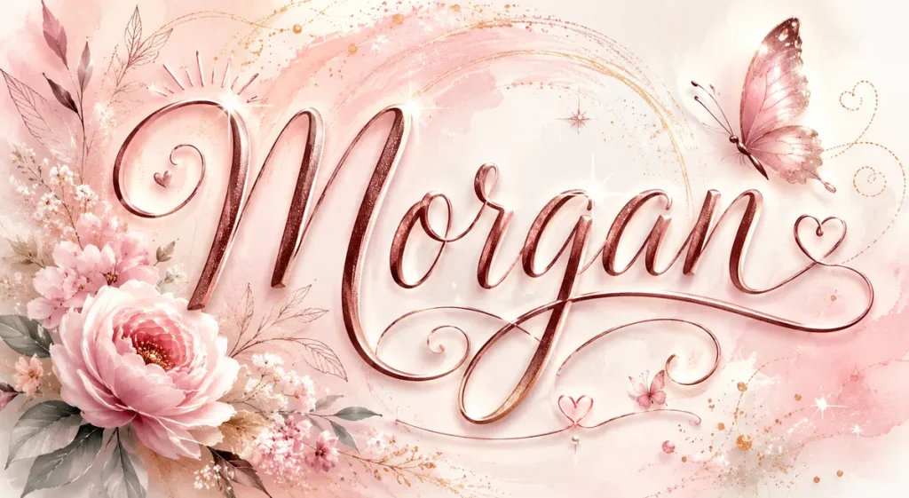 The name 'Morgan' displayed in a feminine, whimsical decorative style with elegant flourishes and soft design elements.