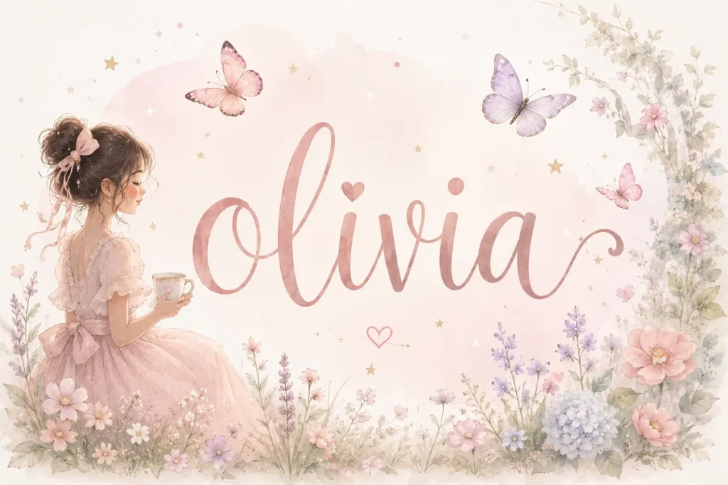 Whimsical pastel illustration of a young woman in a floral garden with butterflies and the name Olivia in elegant script.