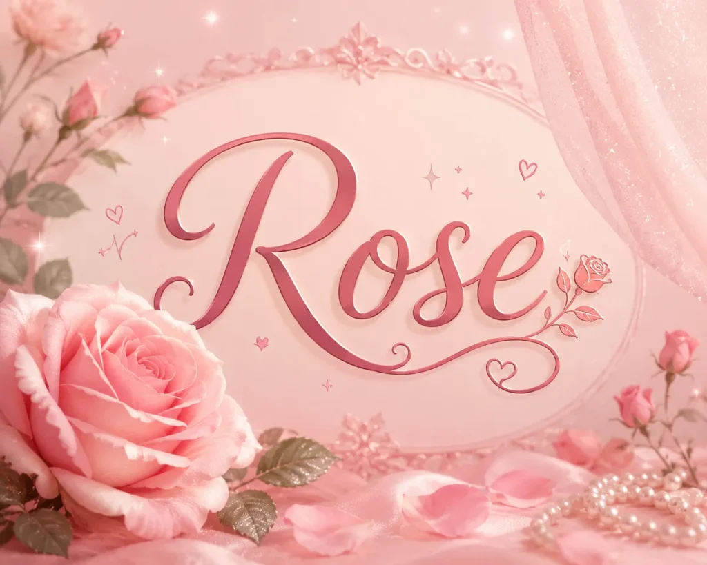 A soft, feminine, whimsical digital illustration featuring the name “Rose” written in elegant pink script at the centre of a dreamy pastel pink composition. The design is decorated with delicate roses, floral accents, sparkling highlights, and ornate flourishes, creating a romantic, fairy-tale style aesthetic. The overall mood is gentle, ethereal, and decorative, with a glowing, vintage-inspired frame and soft petals framing the typography.