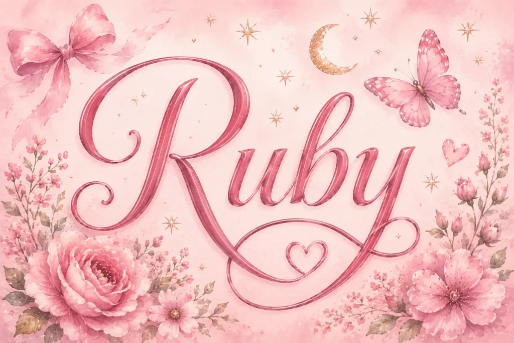 The name 'Ruby' is displayed in large, elegant pink cursive lettering at the center of a soft pastel pink background. Watercolor flowers frame the bottom corners, while a pink butterfly, ribbon bow, crescent moon, sparkling stars, and heart accents surround the name. The whimsical design features delicate floral details, subtle gold highlights, and a dreamy fairy-tale aesthetic with warm blush tones.
