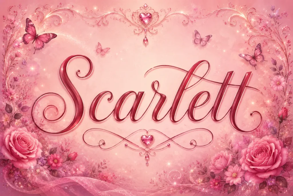 Whimsical feminine illustration featuring the name "Scarlett" in elegant pink calligraphy on a soft pastel pink background. Surrounded by roses, flowers, butterflies, sparkling lights, and delicate decorative flourishes, the design creates a dreamy and romantic fairy-tale atmosphere.