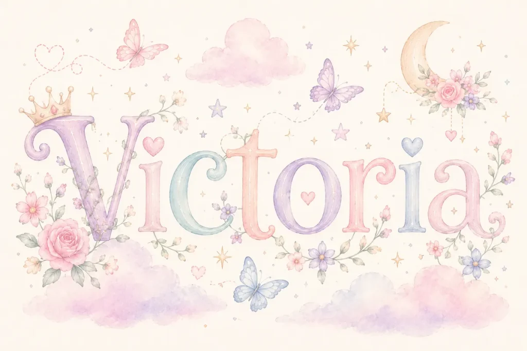 Whimsical feminine fantasy-style graphic featuring the name ‘Victoria