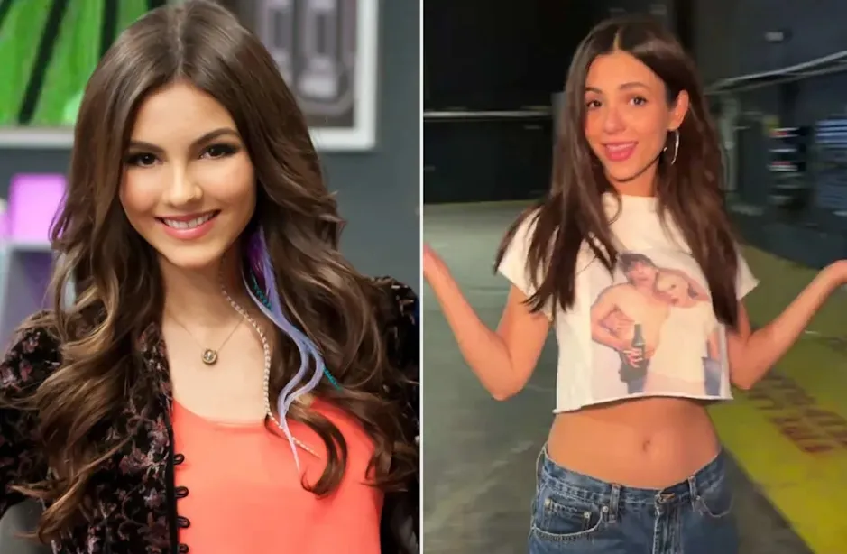 two pictures of victoria justice one is a formal picture and one is an instagram picture