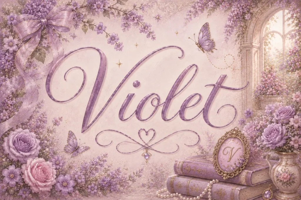 The name “Violet” is displayed in large, elegant lavender calligraphy at the center of a whimsical floral illustration. Soft purple and lilac flowers, including roses and blossoms, surround the name, creating a lush garden-inspired frame. Delicate butterflies with gold accents flutter throughout the scene, while a sheer lavender ribbon winds through flowering vines in the upper corner. An arched window opens onto a blooming garden bathed in soft light. In the lower right, vintage lavender books, a strand of pearls, an ornate gold-framed monogram featuring the letter “V,” and a decorative floral vase add a touch of timeless elegance. The artwork is rendered in pastel shades of lavender, blush pink, cream, and gold, creating a dreamy, feminine, fairytale atmosphere.