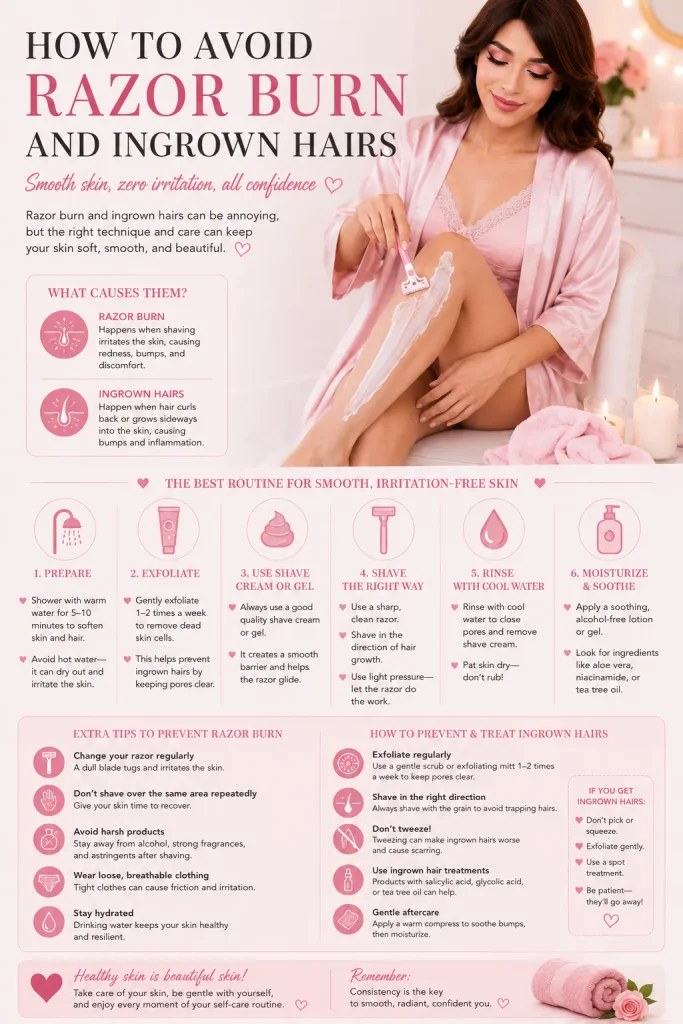 Infographic on preventing razor burn and ingrown hairs while shaving body hair, with tips on skin preparation, exfoliation, shaving technique, and aftercare for a smooth feminine finish.