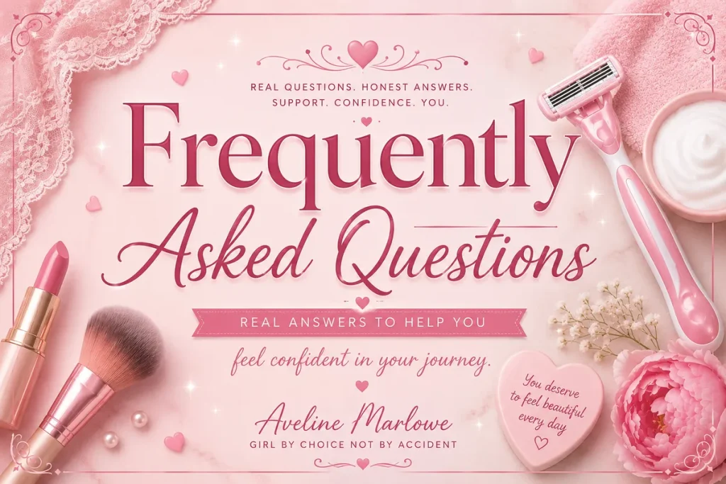 A feminine pink banner featuring makeup brushes, lipstick, a pink razor, shaving cream, flowers, and the title "Frequently Asked Questions" for a crossdressing blog.