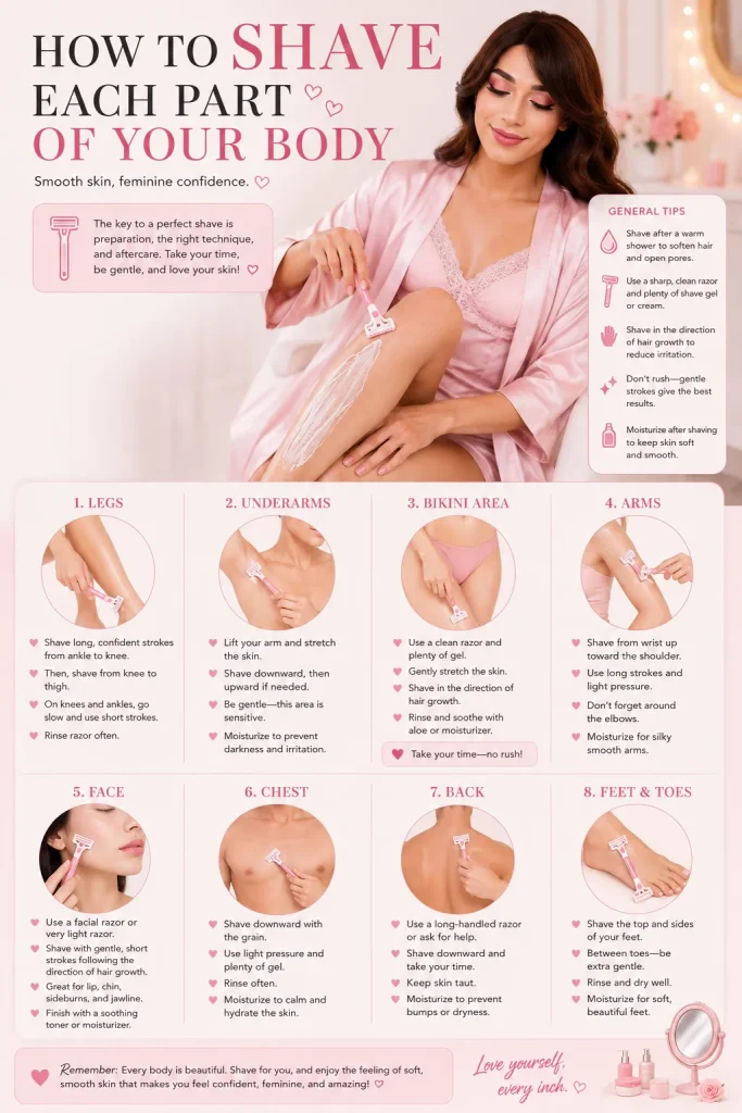 a crossdresser with a razor sdemonstrating how to shave each part of your body