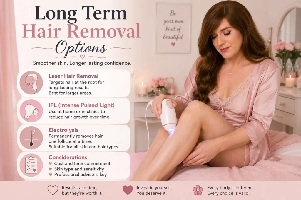 A feminine-presenting person sits on a bed using a handheld IPL hair removal device on their leg in a softly lit, pastel pink bedroom. Beside them is an infographic titled "Long Term Hair Removal Options" explaining laser hair removal, IPL, and electrolysis, along with key considerations such as cost, skin type, and time commitment. The image promotes realistic, long-term hair reduction choices in a supportive and welcoming way for crossdressers and anyone exploring feminine grooming